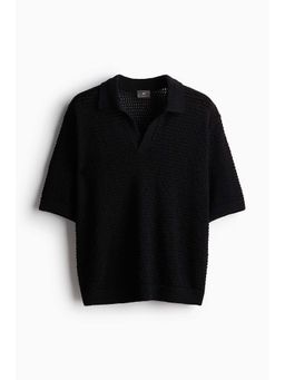 H&M - Men Black Loose Fit Hole-Knit Polo T-Shirt