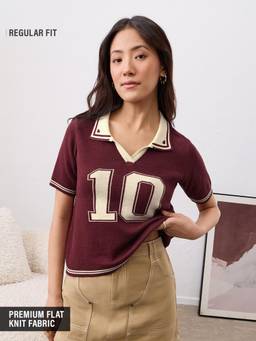 The Souled Store - Sporty Classic Knit Women Maroon Polo T-Shirt