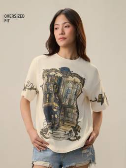 The Souled Store - Official Harry Potter The Library Women Cream Oversized T-Shirt
