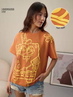 The Souled Store - Official SpongeBob Cooked Puff Print Women Rust Oversized T-Shirt