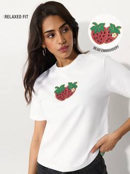 The Souled Store - Strawberry Bead Embroidered Women White Relaxed T-Shirt