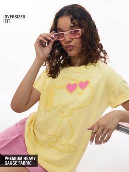 The Souled Store - Official Snoopy Heart Puff Print Women Yellow Oversized T-Shirt