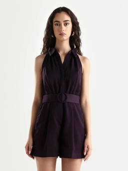 RAREISM - Women Aless Purple Satin Halter Neck Regular Fit Dress with Belt