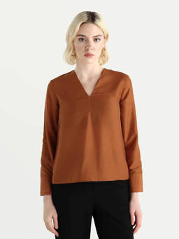 RAREISM - Women Elapo Rust Polyester Cuffed Sleeve V-Neck Regular Fit Top