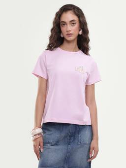 RAREISM - Majon Light Pink Graphic Print Crew Neck T-Shirt