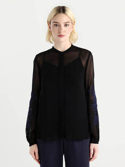 RAREISM - Women Nux Black Full Sleeve Mandarin Neck Regular Fit Top
