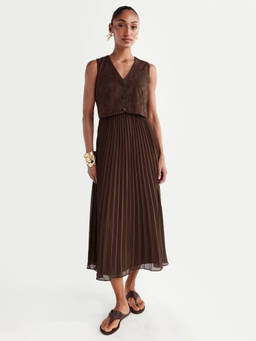 RAREISM - Rudro Brown Self Design Pleated Sleeveless Dress