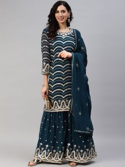 Readiprint - Semi-Stitched Georgette Navy Blue Kurti with Bottom and Dupatta (Set of 3) (Free Size)