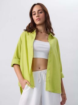 The Souled Store - Cotton Linen : Canary Green Women Boyfriend Shirt