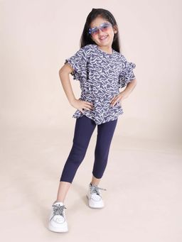 KiddoPanti - Girls Navy Blue Printed Top with Capri Leggings (Set of 2)