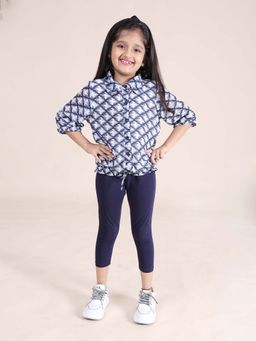 KiddoPanti - Girls White Front Open Smocking Hem Printed Top & Capri Leggings (Set of 2)