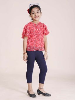 KiddoPanti - Girls Red Frill Layered Sleeves Printed Top with Capri Leggings (Set of 2)