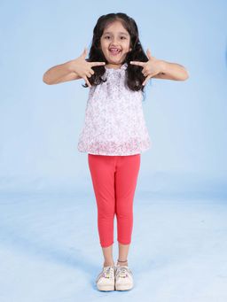 KiddoPanti - Girls White Shoulder Strap Floral Printed Top with Capri Leggings (Set of 2)