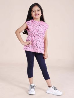 KiddoPanti - Girls Pink Floral Printed Top with Capri Leggings (Set of 2)