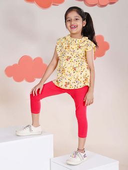 KiddoPanti - Girls Yellow Floral Printed Top with Capri Leggings (Set of 2)