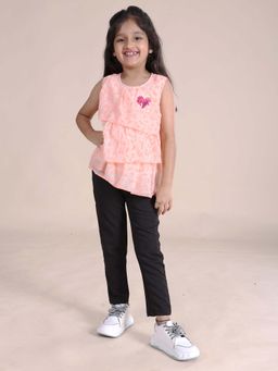 KiddoPanti - Girls Peach Printed with Heart Applique Layered Top and Pant (Set of 2)