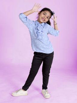 KiddoPanti - Girls Blue Full Sleeves Floral Printed Collar Neck Top with Pant (Set of 2)