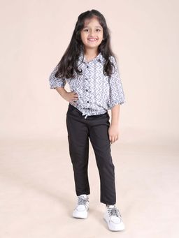 KiddoPanti - Girls White Front Open Smocking Hem Printed Top & Pant (Set of 2)