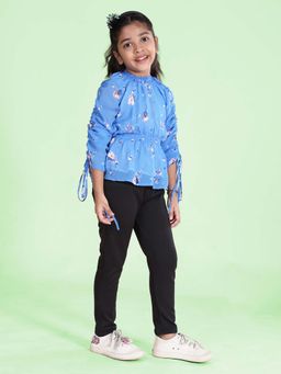 KiddoPanti - Girls Blue Full Sleeves Smocking Waist Gathered Top with Pant (Set of 2)