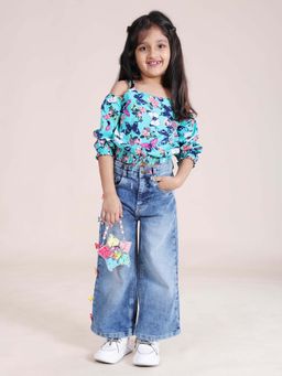 KiddoPanti - Girls Blue Strappy Printed Top with Flared Denim Jeans (Set of 2)