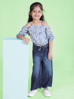 KiddoPanti - Girls Blue Strappy Printed Top with Flared Denim Jeans (Set of 2)