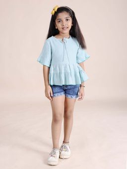 KiddoPanti - Girls Blue Printed Tie Up Tiered Top & Roll Up Denim Shorts (Set of 2)