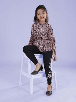 KiddoPanti - Girls Multi-Color Smocking Waist Gathered Top & Printed Leggings (Set of 2)