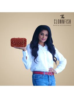 The Clownfish - Emerald Collection Womens Party Clutch with Beads Work Floral Design (Maroon)