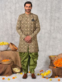 HANGUP - Men Party Wear Sherwani and Salwar Olive (Set of 2)