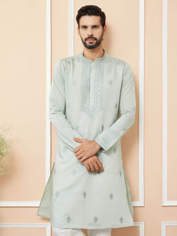See Designs - Pastel Green Embroidered Chanderi Silk Straight Kurta