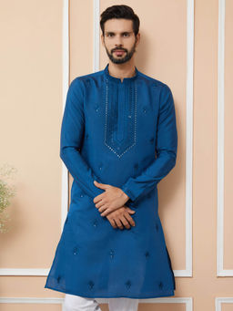 See Designs - Dark Blue Embroidered Chanderi Silk Straight Kurta