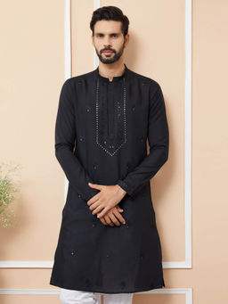 See Designs - Black Embroidered Chanderi Silk Straight Kurta