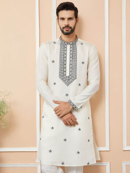 See Designs - Cream Embroidered Chanderi Silk Straight Kurta