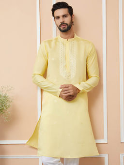 See Designs - Yellow Embroidered Chanderi Silk Straight Kurta