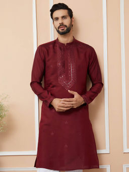 See Designs - Maroon Embroidered Chanderi Silk Straight Kurta