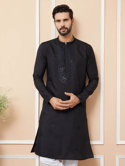 See Designs - Black Embroidered Chanderi Silk Straight Kurta
