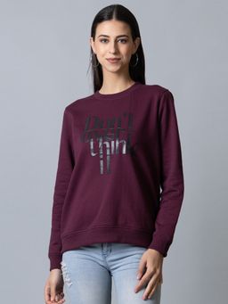 Club York - Womens Maroon Full Sleeve Round Neck Chest Print Sweatshirt