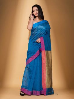 Beatitude - Blue Blended Cotton Woven Saree with Unstitched Blouse