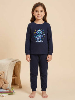 MALKIAT - Girls Cotton Navy Blue Rockstar Robot Graphic T-shirt and Joggers