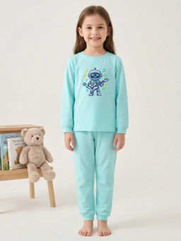 MALKIAT - Girls Cotton Sea Green Rockstar Robot T-shirt and Joggers