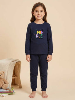 MALKIAT - Girls Cotton Navy Blue Twinkle Stars Graphic T-shirt and Joggers