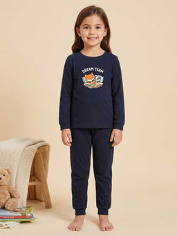 MALKIAT - Girls Cotton Navy Blue Bedtime Buddies Graphic T-shirt and Joggers