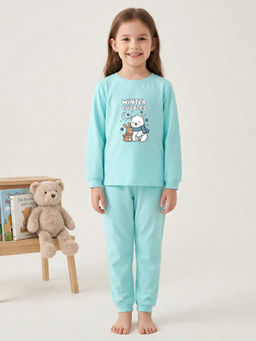 MALKIAT - Girls Cotton Sea Green Cuddly Winter Graphic T-shirt and Joggers
