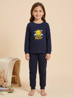 MALKIAT - Girls Cotton Navy Blue Shine Bright Sun Graphic T-shirt and Joggers
