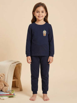 MALKIAT - Girls Cotton Navy Blue Cute Sloth Boba Graphic T-shirt and Joggers