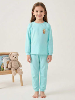 MALKIAT - Girls Cotton Sea Green Cute Sloth Boba Graphic T-shirt and Joggers