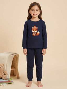 MALKIAT - Girls Cotton Navy Blue Cozy Fox Graphic T-shirt and Joggers