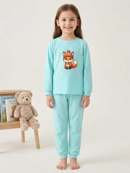 MALKIAT - Girls Cotton Sea Green Cozy Fox Graphic T-shirt and Joggers