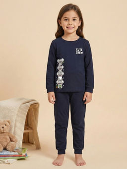 MALKIAT - Girls Cotton Navy Blue Cute Koala Crew Graphic T-shirt and Joggers