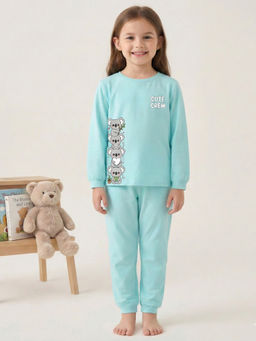 MALKIAT - Girls Cotton Sea Green Cute Koala Crew Graphic T-shirt and Joggers